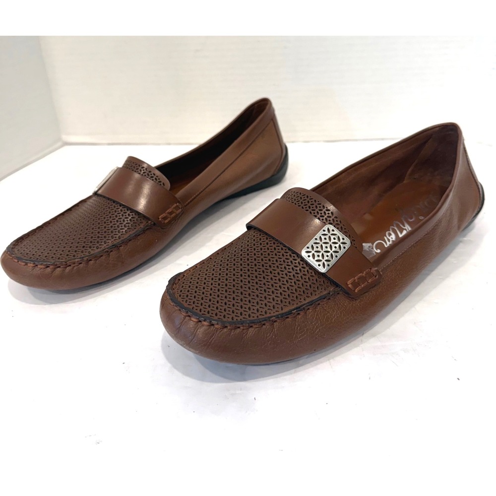 Brighton Noland Cognac Brown Perforated Leather Flat Driver Slip On Loafers 9M
